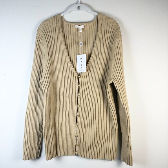 WAYF Cardigan Women 2X Plus Beige Frenchie Ribbed Button Sweater Preppy Boho NWT - Picture 1 of 9